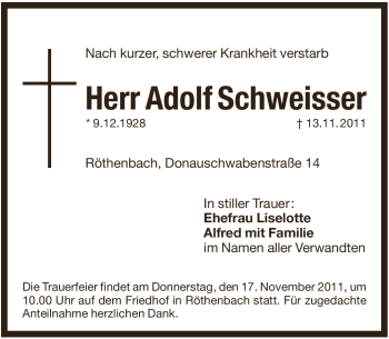 Traueranzeige von Adolf Schweisser von Pegnitz-Zeitung
